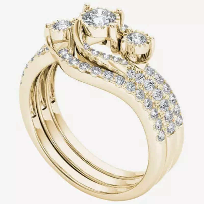 Love Lives Forever Womens 3/4 CT. T.W. Natural White Diamond 14K Gold Round 3-Stone Bypass  Bridal Set