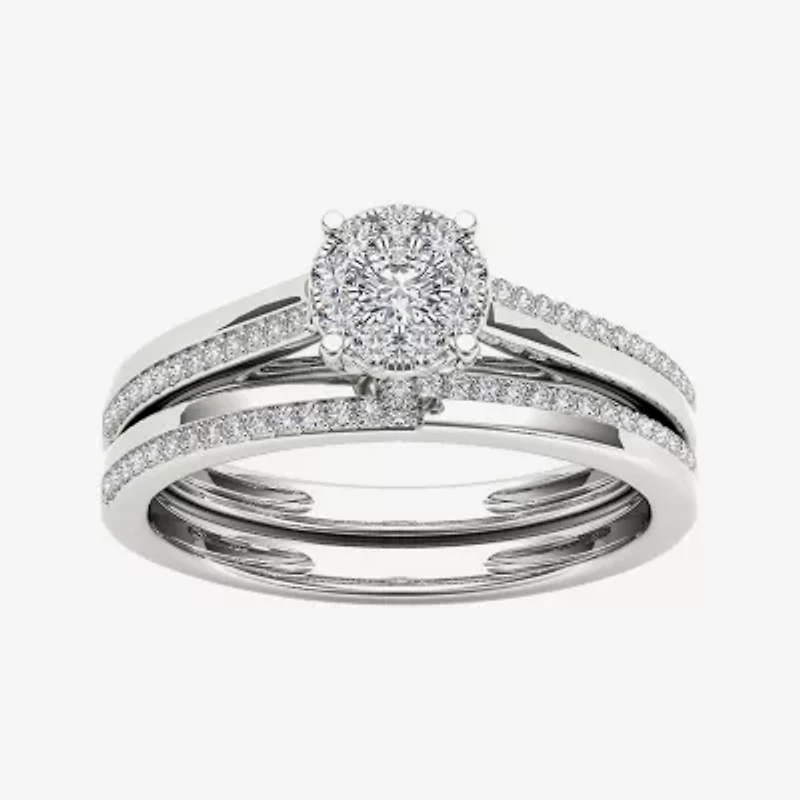 1/3 CT.T.W. Natural Diamond 10K White Gold Round Cluster Bridal Set