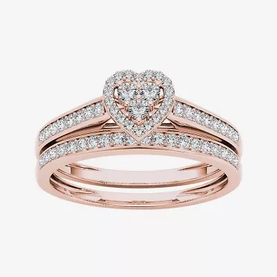 1/2 CT.T.W. Natural Diamond 10K Rose Gold Heart-Shaped Bridal Set
