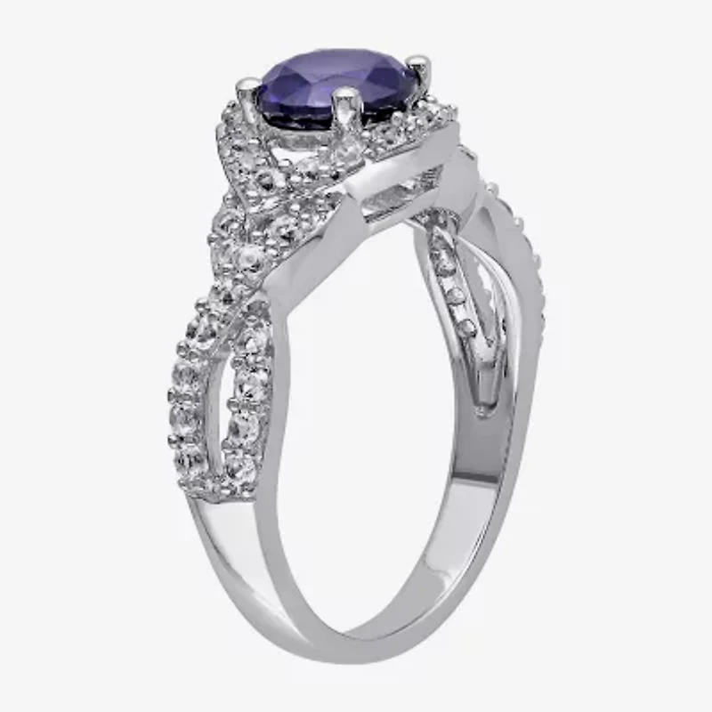 Modern Bride Gemstone Womens Lab Created Blue Sapphire Sterling Silver Round Halo Engagement Ring