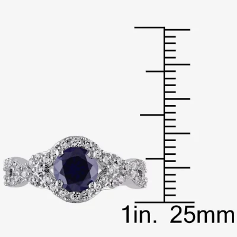 Modern Bride Gemstone Womens Lab Created Blue Sapphire Sterling Silver Round Halo Engagement Ring