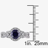 Modern Bride Gemstone Womens Lab Created Blue Sapphire Sterling Silver Round Halo Engagement Ring