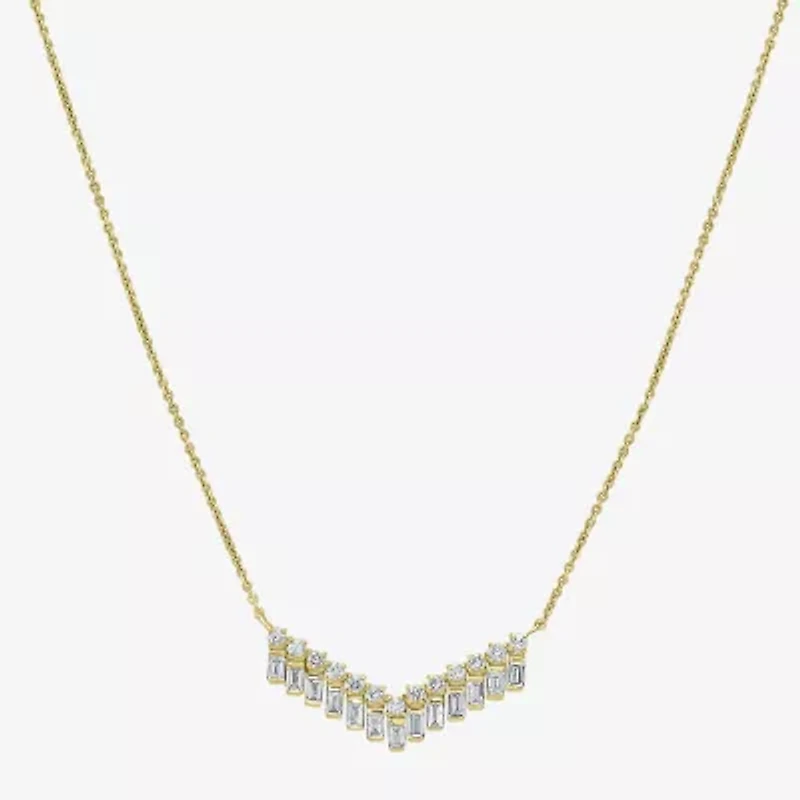 V-Shaped Womens White Diamond 14K Gold 15 Inch Chevron Necklace