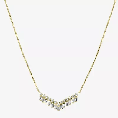 V-Shaped Womens White Diamond 14K Gold 15 Inch Chevron Necklace