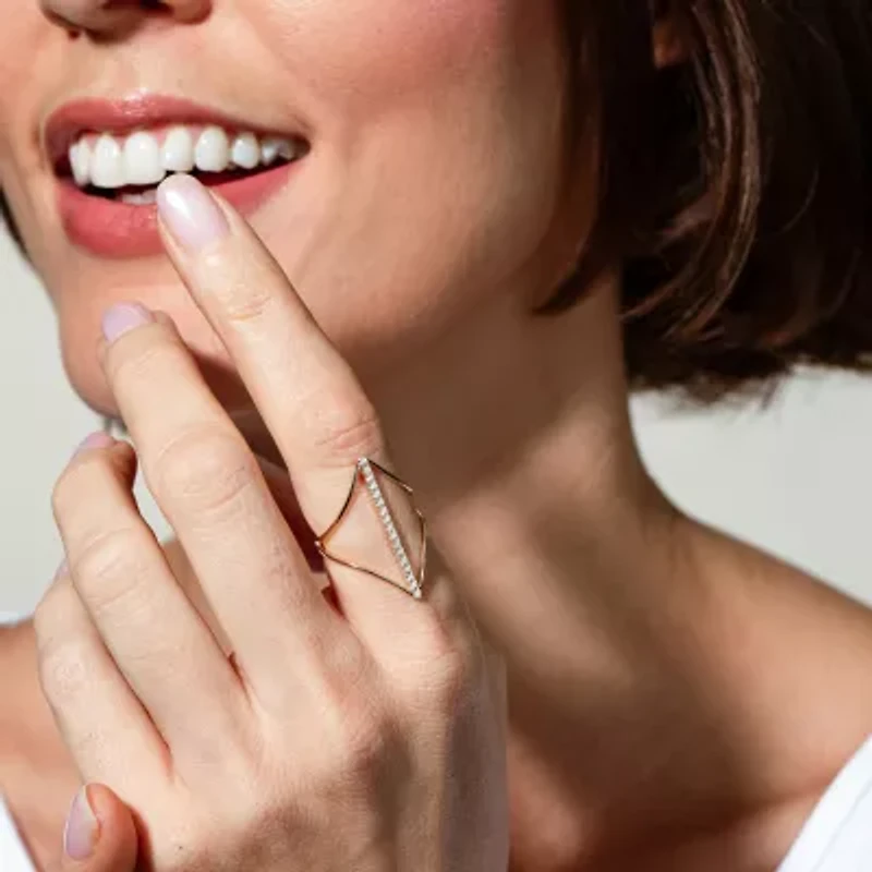 Open V Womens 1/5 CT. Natural White Diamond 14K Gold Bar Delicate Cocktail Ring