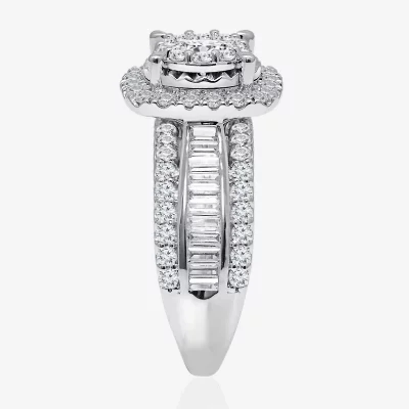 (I / I1) Womens 2 CT. T.W. Lab Grown White Diamond 10K or 14K Gold Cushion Side Stone Halo Engagement Ring