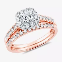 H-I / Si1-Si2) Womens CT. T.W. Lab Grown White Diamond 10K or 14K Gold Cushion Side Stone Halo Bridal Set