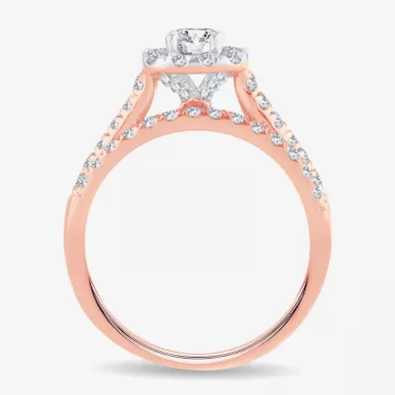 H-I / Si1-Si2) Womens CT. T.W. Lab Grown White Diamond 10K or 14K Gold Cushion Side Stone Halo Bridal Set