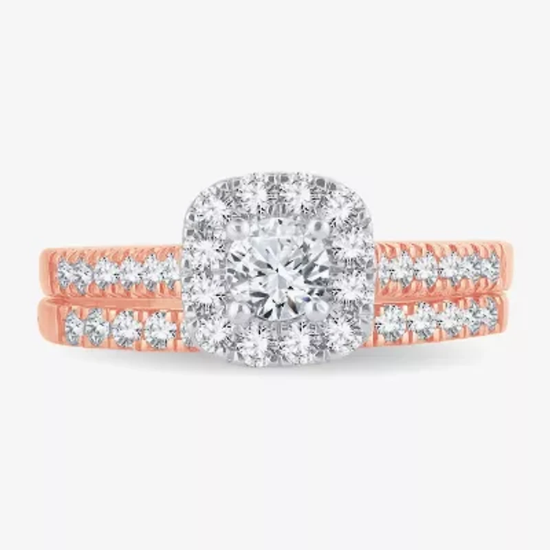 H-I / Si1-Si2) Womens CT. T.W. Lab Grown White Diamond 10K or 14K Gold Cushion Side Stone Halo Bridal Set