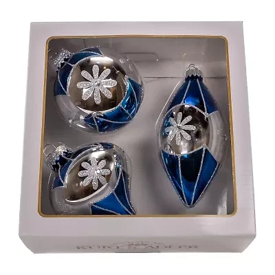 Kurt Adler 80mm Glass Blue Snowflake Ball Onion And Teardrop Shaped 3-pc. Christmas Ornament