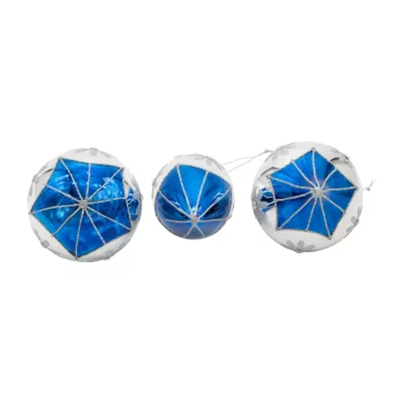 Kurt Adler 80mm Glass Blue Snowflake Ball Onion And Teardrop Shaped 3-pc. Christmas Ornament