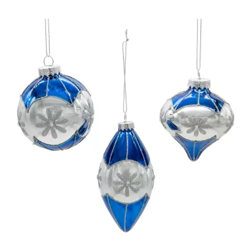 Kurt Adler 80mm Glass Blue Snowflake Ball Onion And Teardrop Shaped 3-pc. Christmas Ornament