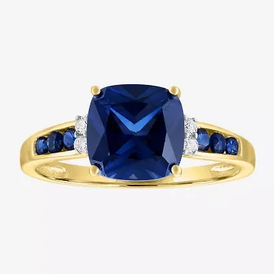 Womens Diamond Accent Lab Created Blue Sapphire 10K Gold Side Stone Cocktail Ring