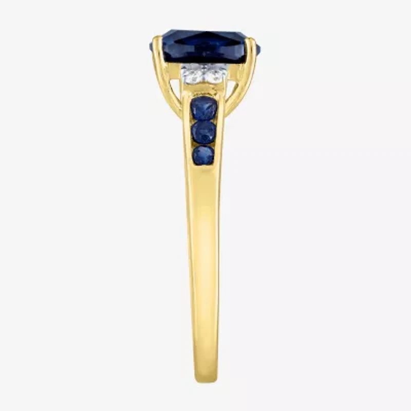 Womens Diamond Accent Lab Created Blue Sapphire 10K Gold Side Stone Cocktail Ring