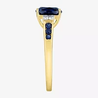 Womens Diamond Accent Lab Created Blue Sapphire 10K Gold Side Stone Cocktail Ring