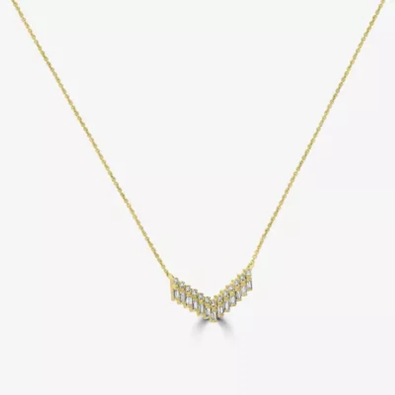 V-Shaped Womens White Diamond 14K Gold 15 Inch Chevron Necklace