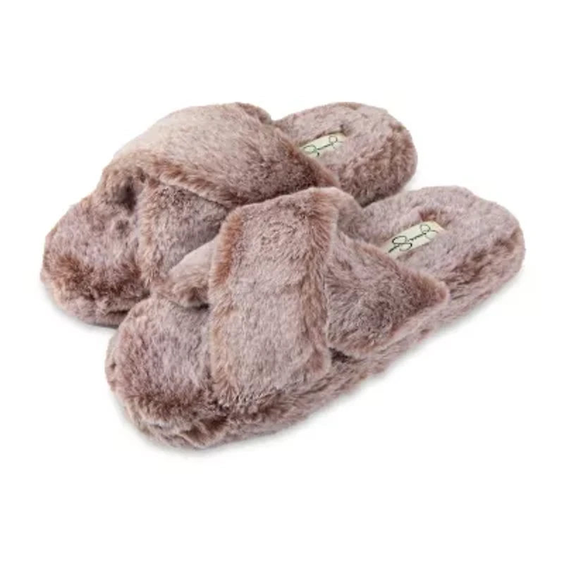 Jessica Simpson Tipped Fur Platform Cross Womens Slip-On Slippers