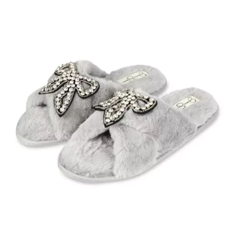 Jessica Simpson Beaded Bow Icon Plush Cross Womens Slip-On Slippers