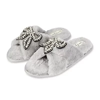 Jessica Simpson Beaded Bow Icon Plush Cross Womens Slip-On Slippers
