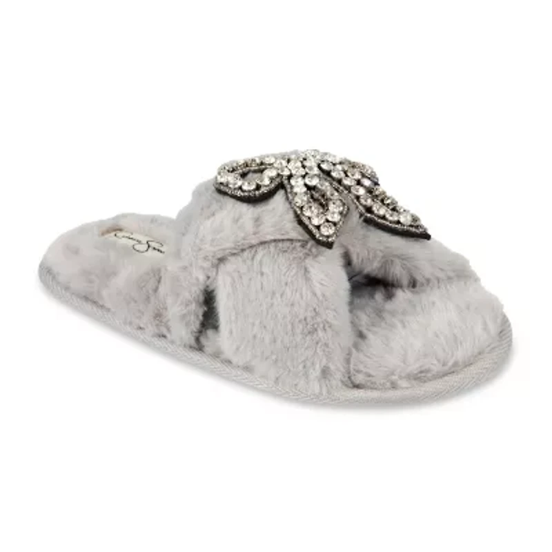 Jessica Simpson Beaded Bow Icon Plush Cross Womens Slip-On Slippers