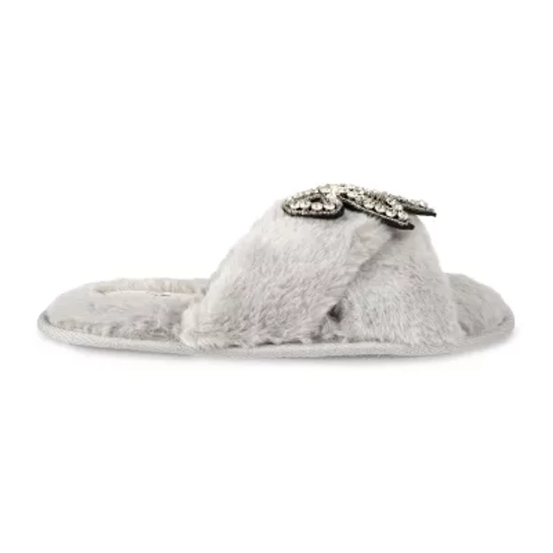Jessica Simpson Beaded Bow Icon Plush Cross Womens Slip-On Slippers