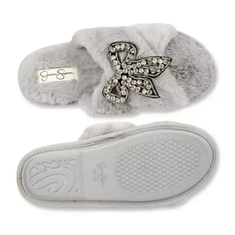 Jessica Simpson Beaded Bow Icon Plush Cross Womens Slip-On Slippers