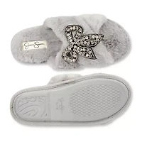 Jessica Simpson Beaded Bow Icon Plush Cross Womens Slip-On Slippers