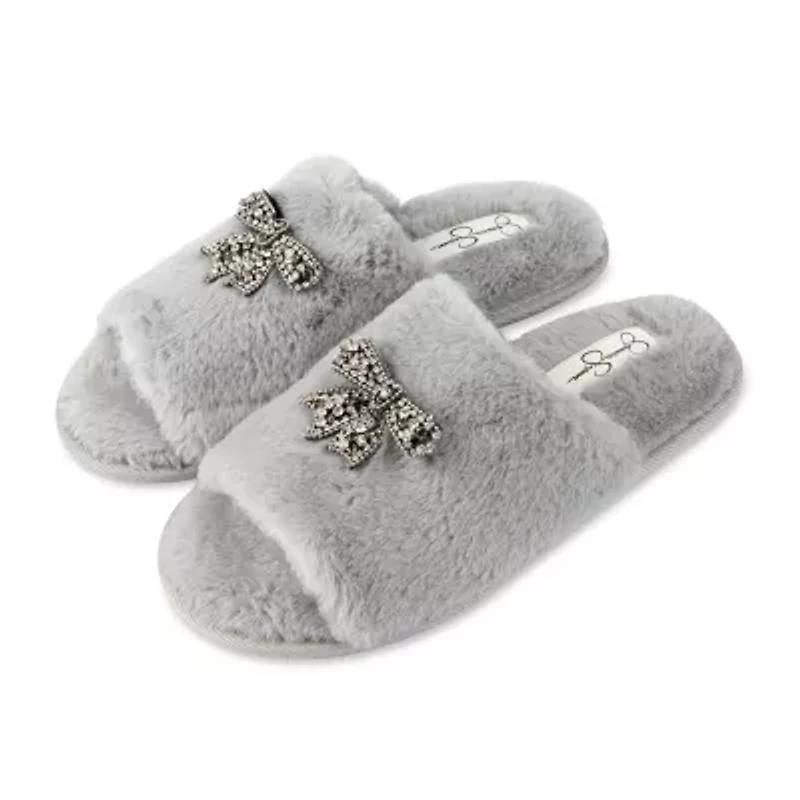 Jessica Simpson Embellished Bow Plush Womens Slip-On Slippers
