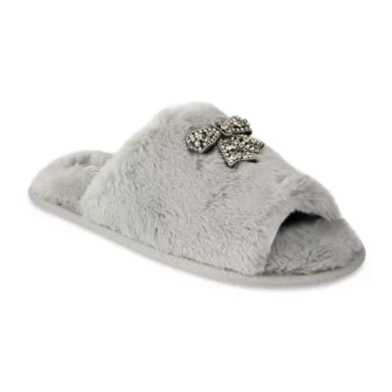 Jessica Simpson Embellished Bow Plush Womens Slip-On Slippers
