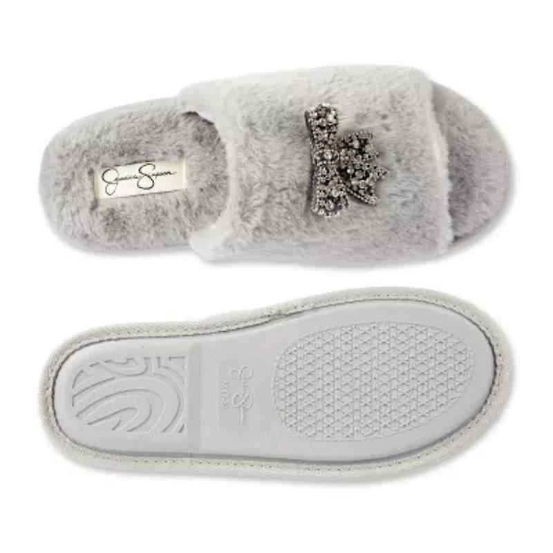 Jessica Simpson Embellished Bow Plush Womens Slip-On Slippers