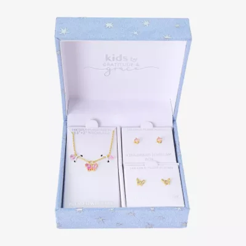 Gratitude & Grace Girls Pink Cubic Zirconia 14K Gold Over Brass Butterfly 3-pc. Jewelry Set