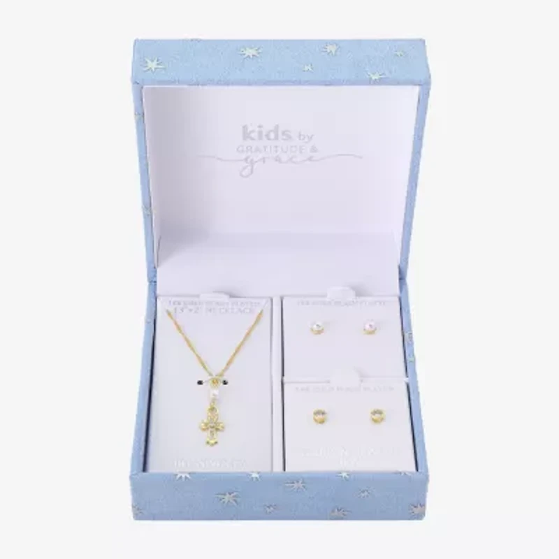 Gratitude & Grace Girls Cubic Zirconia 14K Gold Over Brass Cross 3-pc. Jewelry Set