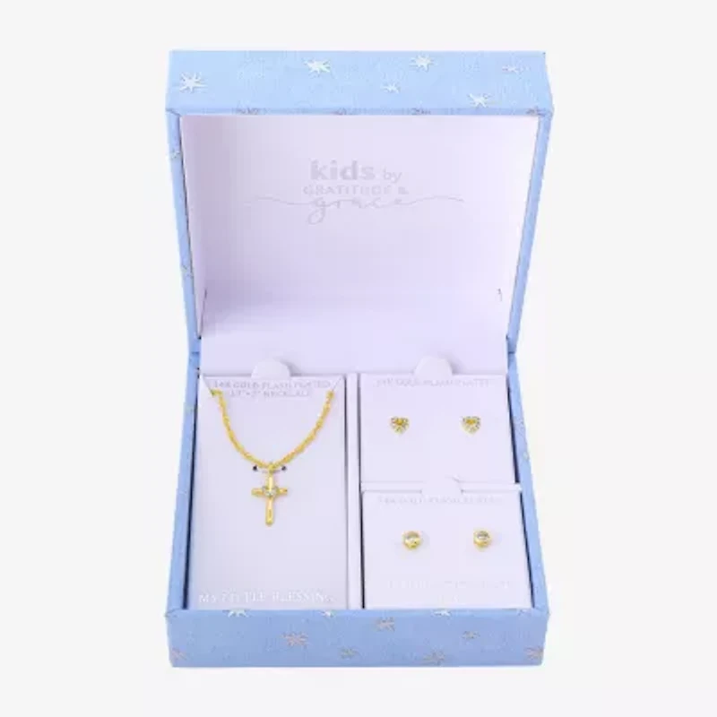 Gratitude & Grace Girls Cubic Zirconia 14K Gold Over Brass Cross Heart 3-pc. Jewelry Set