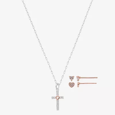 Gratitude & Grace Girls Cubic Zirconia 14K Gold Over Brass Pure Silver Over Brass Cross Heart 3-pc. Jewelry Set