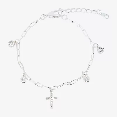 Gratitude & Grace Girls Cubic Zirconia Pure Silver Over Brass Cross Charm Bracelet