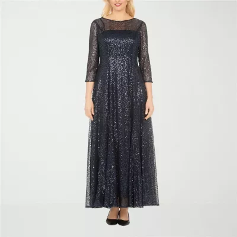 Giovanna Signature Womens Embellished Sequin 3/4 Sleeve Floral Evening Gown
