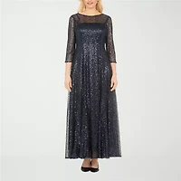 Giovanna Signature Womens Embellished Sequin 3/4 Sleeve Floral Evening Gown