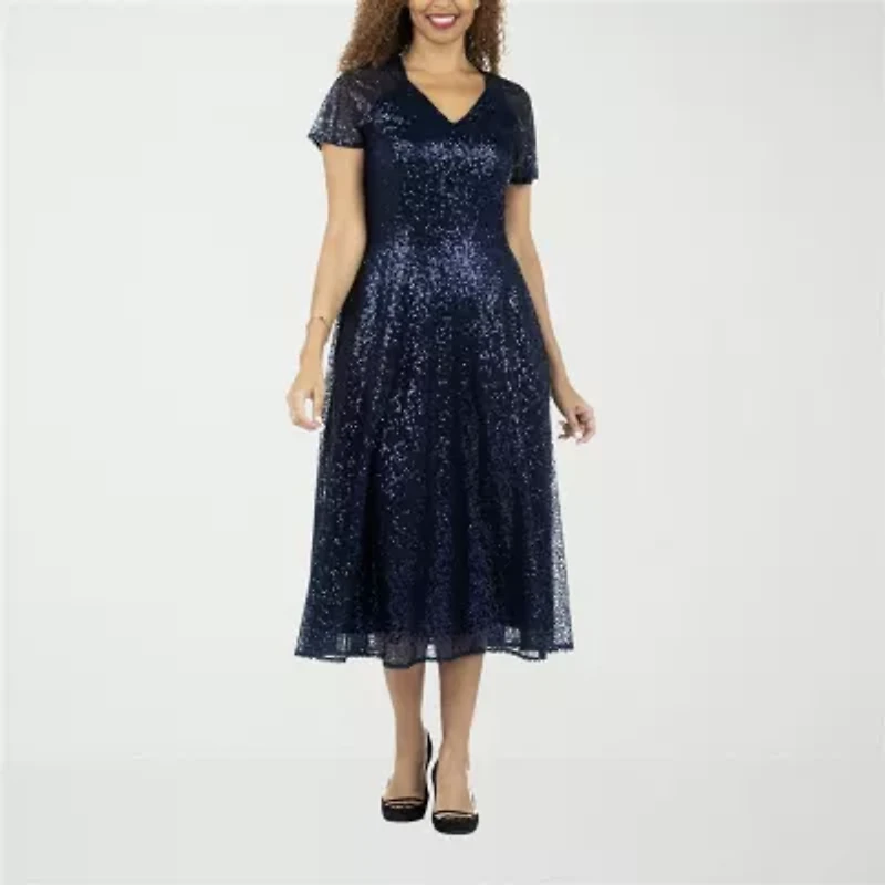 Giovanna Signature Womens Short Sleeve Midi Floral A-Line Dress
