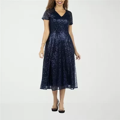 Giovanna Signature Womens Short Sleeve Midi Floral A-Line Dress