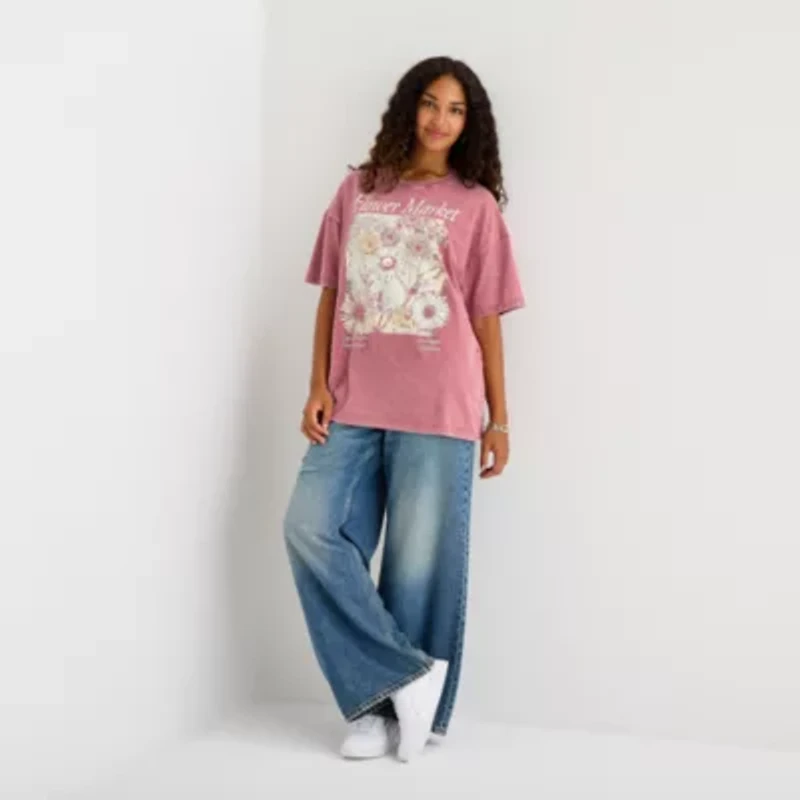 Sunflower Market Womens Crew Neck Short Sleeve Oversized Juniors Graphic T-Shirt