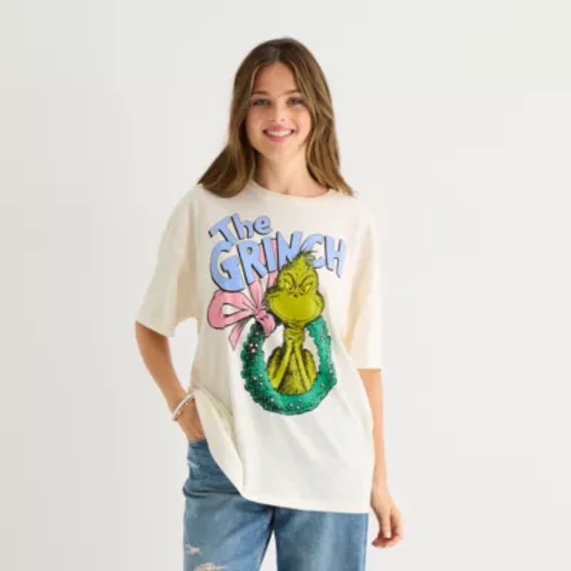 Womens Crew Neck Short Sleeve Oversized Grinch Juniors Graphic T-Shirt