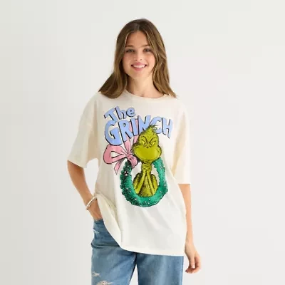 Womens Crew Neck Short Sleeve Oversized Grinch Juniors Graphic T-Shirt