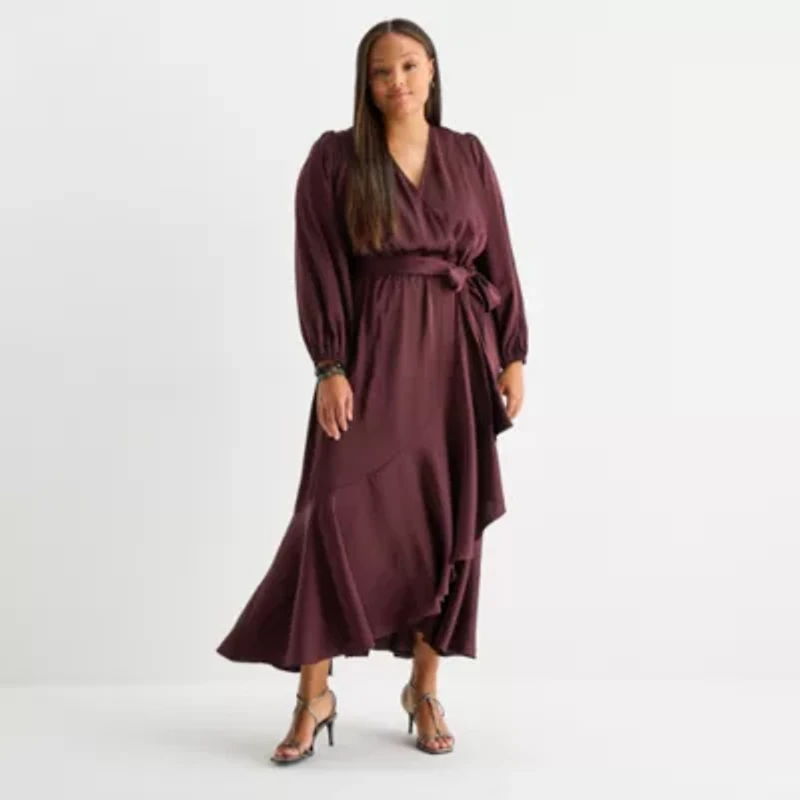 Premier Amour Womens Long Sleeve High-Low Plus Maxi Dress