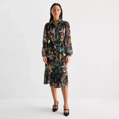 52seven Womens Long Sleeve Midi Floral Shift Dress