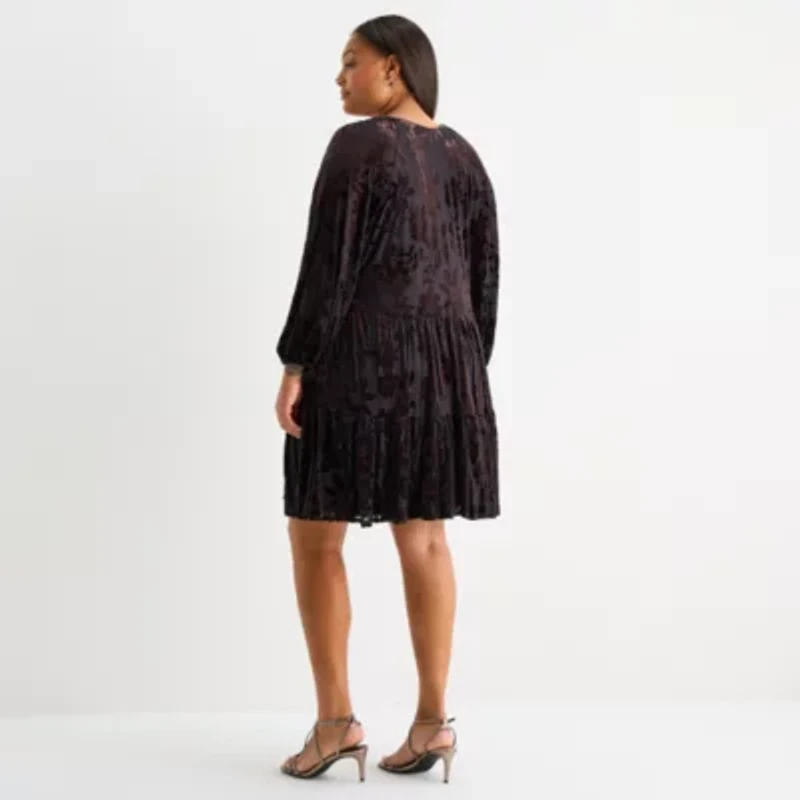 Melonie T Womens Long Sleeve Floral Velvet Babydoll Dress Plus