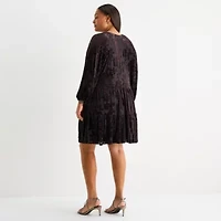 Melonie T Womens Long Sleeve Floral Velvet Babydoll Dress Plus