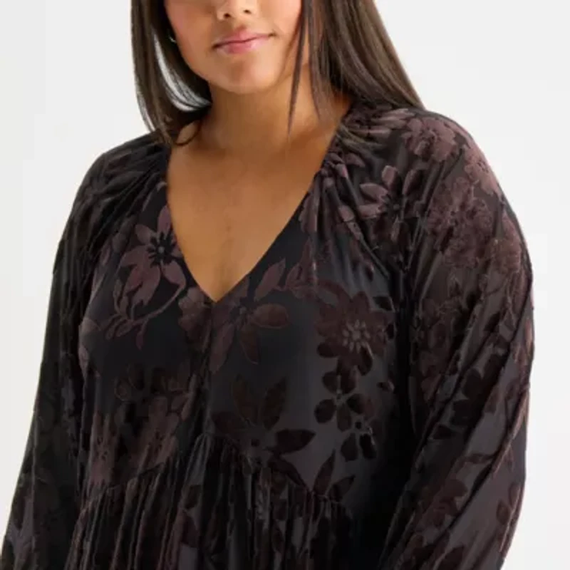 Melonie T Womens Long Sleeve Floral Velvet Babydoll Dress Plus