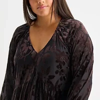 Melonie T Womens Long Sleeve Floral Velvet Babydoll Dress Plus