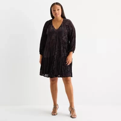 Melonie T Womens Long Sleeve Floral Velvet Babydoll Dress Plus