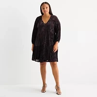 Melonie T Womens Long Sleeve Floral Velvet Babydoll Dress Plus
